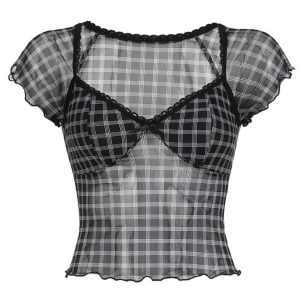 Vintage Plaid Ruffle Top with Mesh Details - Y2K Aesthetic Cute Fashion Piece