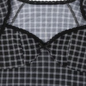 Vintage Plaid Ruffle Top with Mesh Details - Y2K Aesthetic Cute Fashion Piece