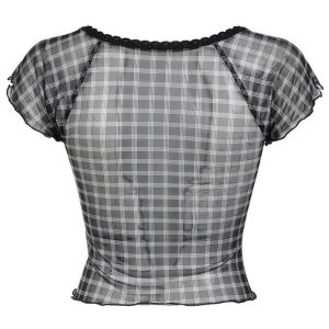 Vintage Plaid Ruffle Top with Mesh Details - Y2K Aesthetic Cute Fashion Piece