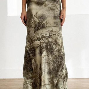 Vintage Print Y2K Aesthetic Low Rise Shift Midi Skirt for Trendy Outfits