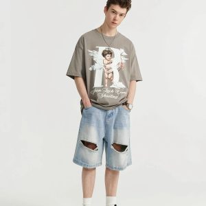 Vintage Ripped Holes Y2K Denim Jorts for Trendy Grunge Aesthetic Outfits