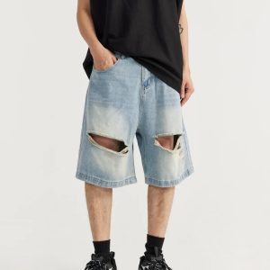 Vintage Ripped Holes Y2K Denim Jorts for Trendy Grunge Aesthetic Outfits