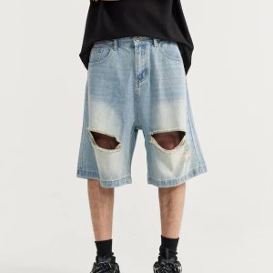 Vintage Ripped Holes Y2K Denim Jorts for Trendy Grunge Aesthetic Outfits