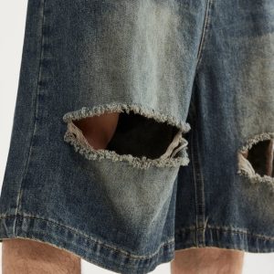 Vintage Ripped Holes Y2K Denim Jorts for Trendy Grunge Aesthetic Outfits