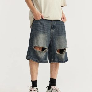 Vintage Ripped Holes Y2K Denim Jorts for Trendy Grunge Aesthetic Outfits