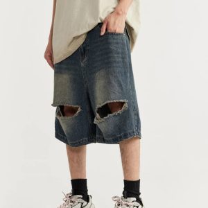 Vintage Ripped Holes Y2K Denim Jorts for Trendy Grunge Aesthetic Outfits