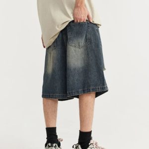 Vintage Ripped Holes Y2K Denim Jorts for Trendy Grunge Aesthetic Outfits