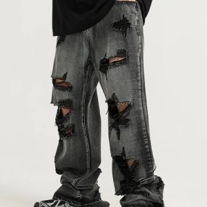 Vintage Ripped Washed Jeans for Y2K Aesthetic and Grunge Style Outfits