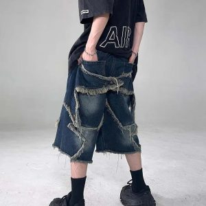 Vintage Star Fringe Jorts: Y2K Aesthetic Denim Shorts for Grunge and Coquette Styles