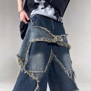 Vintage Star Fringe Jorts: Y2K Aesthetic Denim Shorts for Grunge and Coquette Styles