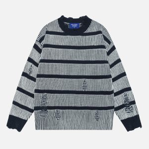 Vintage Stripe Distressed Sweater - Y2K Aesthetic Knit Top for Cozy Grunge Style