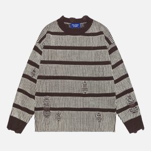 Vintage Stripe Distressed Sweater - Y2K Aesthetic Knit Top for Cozy Grunge Style