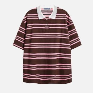 Vintage Stripe Polo Tee - Y2K Aesthetic Top for Coquette and Grunge Style Outfits