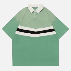 Vintage Stripe Washed Polo Tee - Y2K Aesthetic Top for Effortless Style