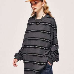 Vintage Striped Y2K Aesthetic Loose Long-Sleeved T-Shirt for Effortless Style