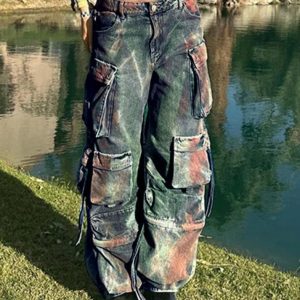 Vintage Tie Dye Multi Pocket Cargo Jeans for Y2K Aesthetic and Grunge Style Outfits