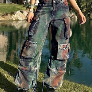 Vintage Tie Dye Multi Pocket Cargo Jeans for Y2K Aesthetic and Grunge Style Outfits