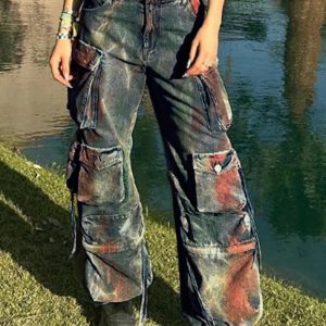 Vintage Tie Dye Multi Pocket Cargo Jeans for Y2K Aesthetic and Grunge Style Outfits