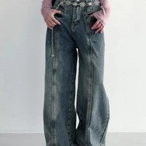 Vintage Wash Y2K Boyfriend Jeans with Cut Design for Trendy Aesthetic Outfits