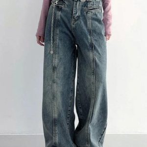 Vintage Wash Y2K Boyfriend Jeans with Cut Design for Trendy Aesthetic Outfits