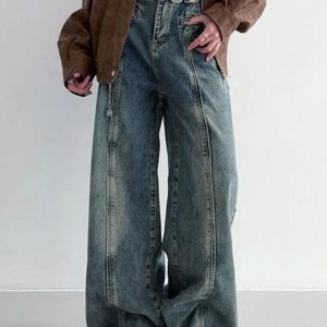 Vintage Wash Y2K Boyfriend Jeans with Cut Design for Trendy Aesthetic Outfits