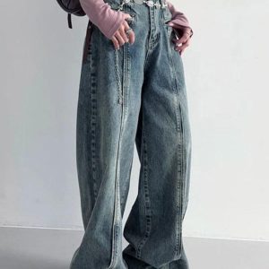 Vintage Wash Y2K Boyfriend Jeans with Cut Design for Trendy Aesthetic Outfits