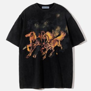 Vintage Washed Y2K Horse Print Tee - Retro Aesthetic Graphic Top for Trendy Outfits