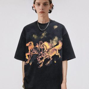 Vintage Washed Y2K Horse Print Tee - Retro Aesthetic Graphic Top for Trendy Outfits