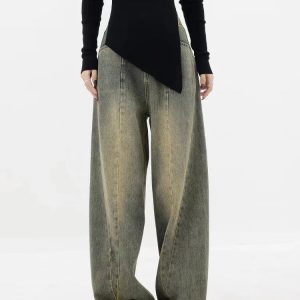 Vintage Washed Y2K Wide-Leg Crop Jeans for Trendy Aesthetic Outfits and Casual Style