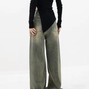 Vintage Washed Y2K Wide-Leg Crop Jeans for Trendy Aesthetic Outfits and Casual Style