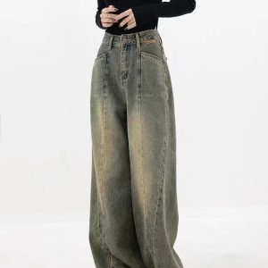 Vintage Washed Y2K Wide-Leg Crop Jeans for Trendy Aesthetic Outfits and Casual Style