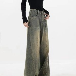 Vintage Washed Y2K Wide-Leg Crop Jeans for Trendy Aesthetic Outfits and Casual Style