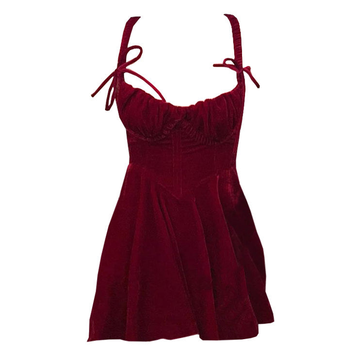 Vintage Y2K Aesthetic Red Velvet Mini Dress for Chic Coquette Style