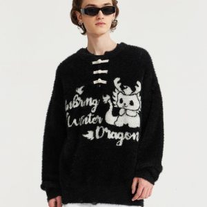 Vintage Y2K Dragon Sweater - Cozy Grunge Aesthetic Knit Top for Unique Style