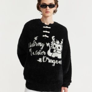 Vintage Y2K Dragon Sweater - Cozy Grunge Aesthetic Knit Top for Unique Style