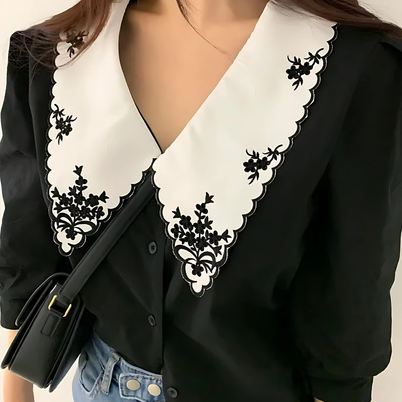 Vintage Y2K Embroidered Collar Shirt - Cute Aesthetic Top for Coquette and Grunge Styles