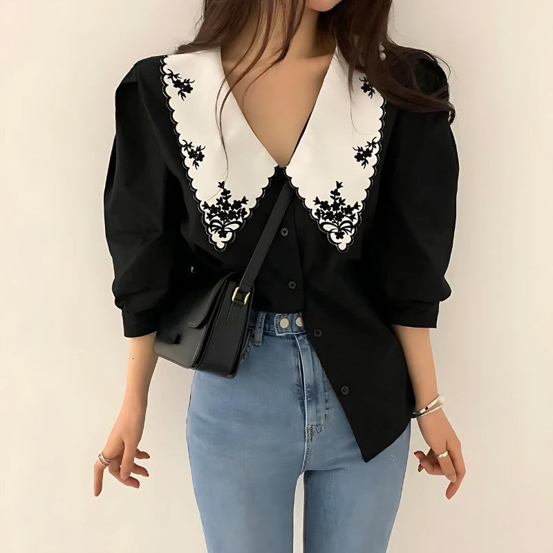 Vintage Y2K Embroidered Collar Shirt - Cute Aesthetic Top for Coquette and Grunge Styles