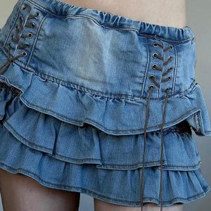 Vintage Y2K High Rise Tiered Denim Mini Skirt for Coquette and Grunge Aesthetic Outfits