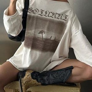 Vintage Y2K Printed Oversized Long Sleeve Top - Retro Aesthetic Fashion Essential