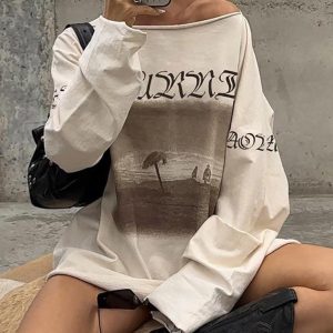 Vintage Y2K Printed Oversized Long Sleeve Top - Retro Aesthetic Fashion Essential