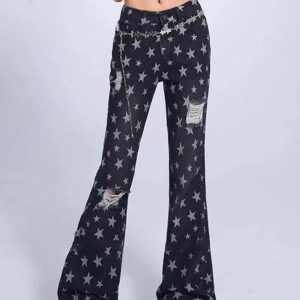 Vintage Y2K Star Print Ripped Flare Jeans for a Retro Grunge Aesthetic Look