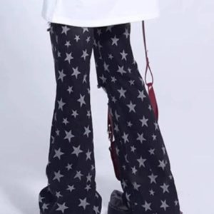 Vintage Y2K Star Print Ripped Flare Jeans for a Retro Grunge Aesthetic Look