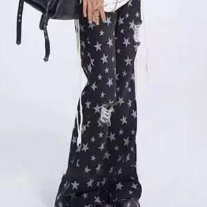 Vintage Y2K Star Print Ripped Flare Jeans for a Retro Grunge Aesthetic Look