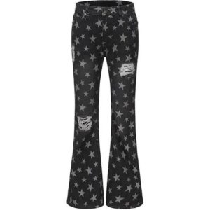 Vintage Y2K Star Print Ripped Flare Jeans for a Retro Grunge Aesthetic Look