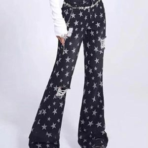 Vintage Y2K Star Print Ripped Flare Jeans for a Retro Grunge Aesthetic Look