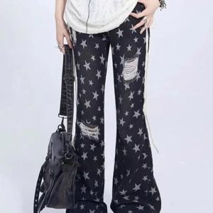 Vintage Y2K Star Print Ripped Flare Jeans for a Retro Grunge Aesthetic Look