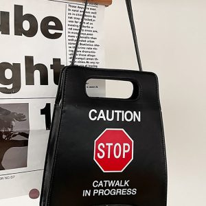 Warning Sign Design Bag: Y2K Aesthetic Tote for Grunge and Coquette Outfits