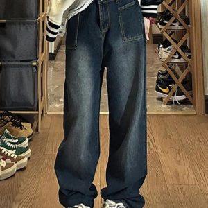 Washed Big Pocket Boyfriend Jeans for Y2K Aesthetic and Grunge Style Outfits