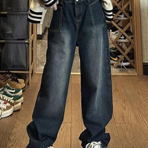 Washed Big Pocket Boyfriend Jeans for Y2K Aesthetic and Grunge Style Outfits