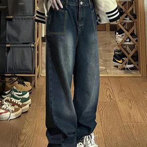 Washed Big Pocket Boyfriend Jeans for Y2K Aesthetic and Grunge Style Outfits